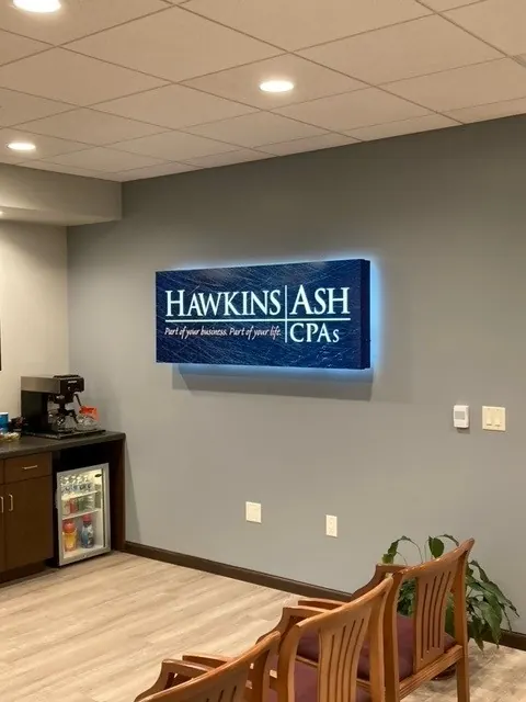 Hawkins Ash CPAs — lobby sign project by Covenant Signs and Graphics