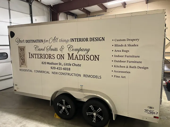 Interiors on Madison — trailer lettering project by Covenant Signs and Graphics