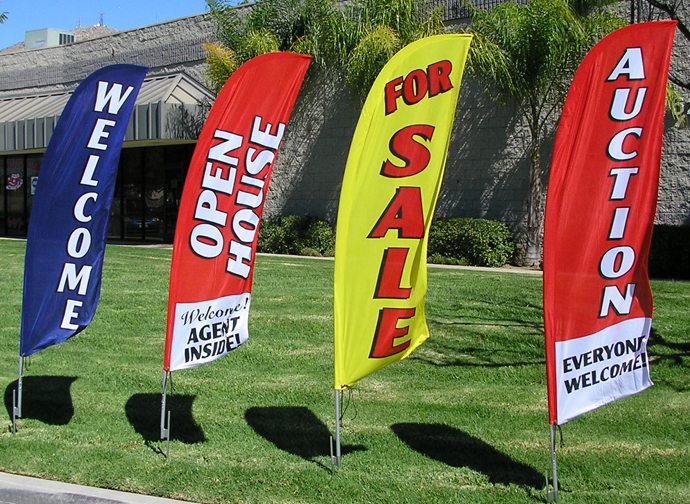 Temporary outdoor banners and flags used for promotion