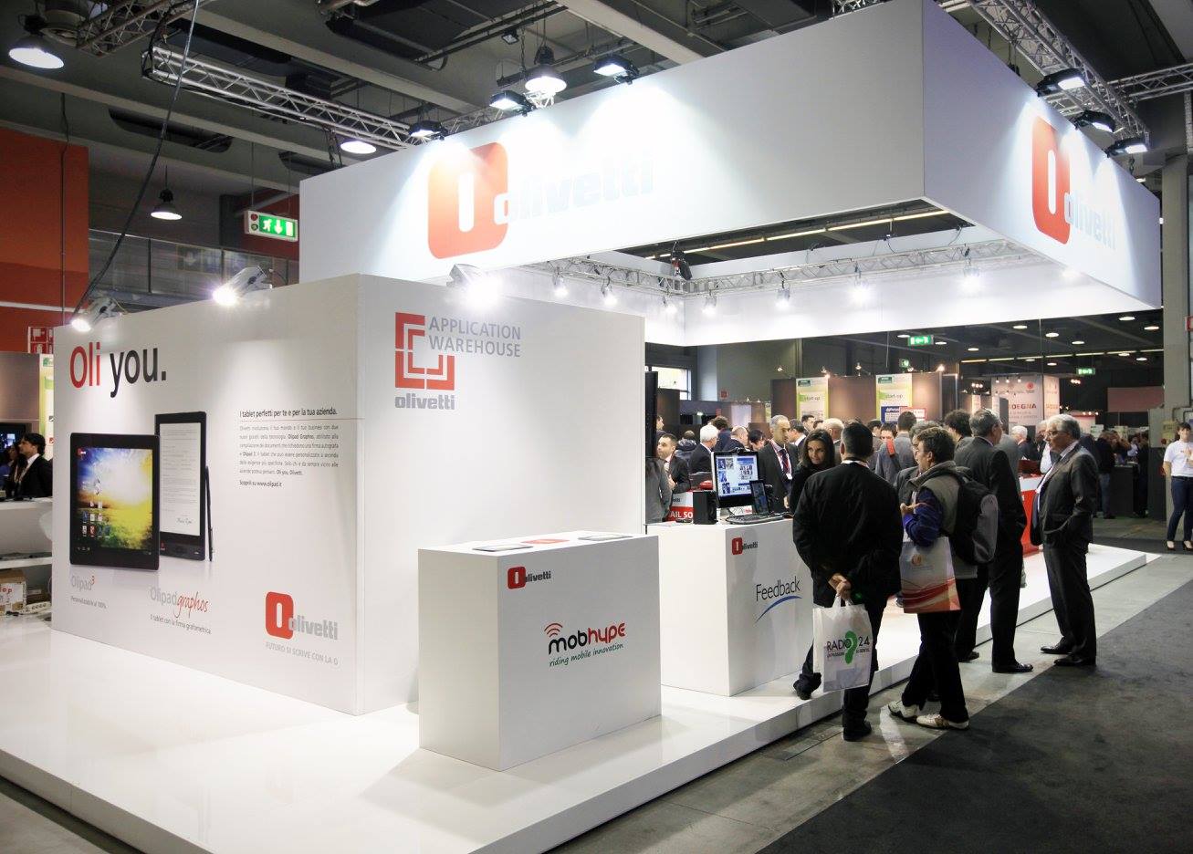 Branded trade show display inside an exhibition hall