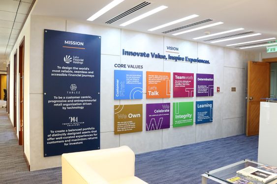 Office wall signage providing branded information indoors